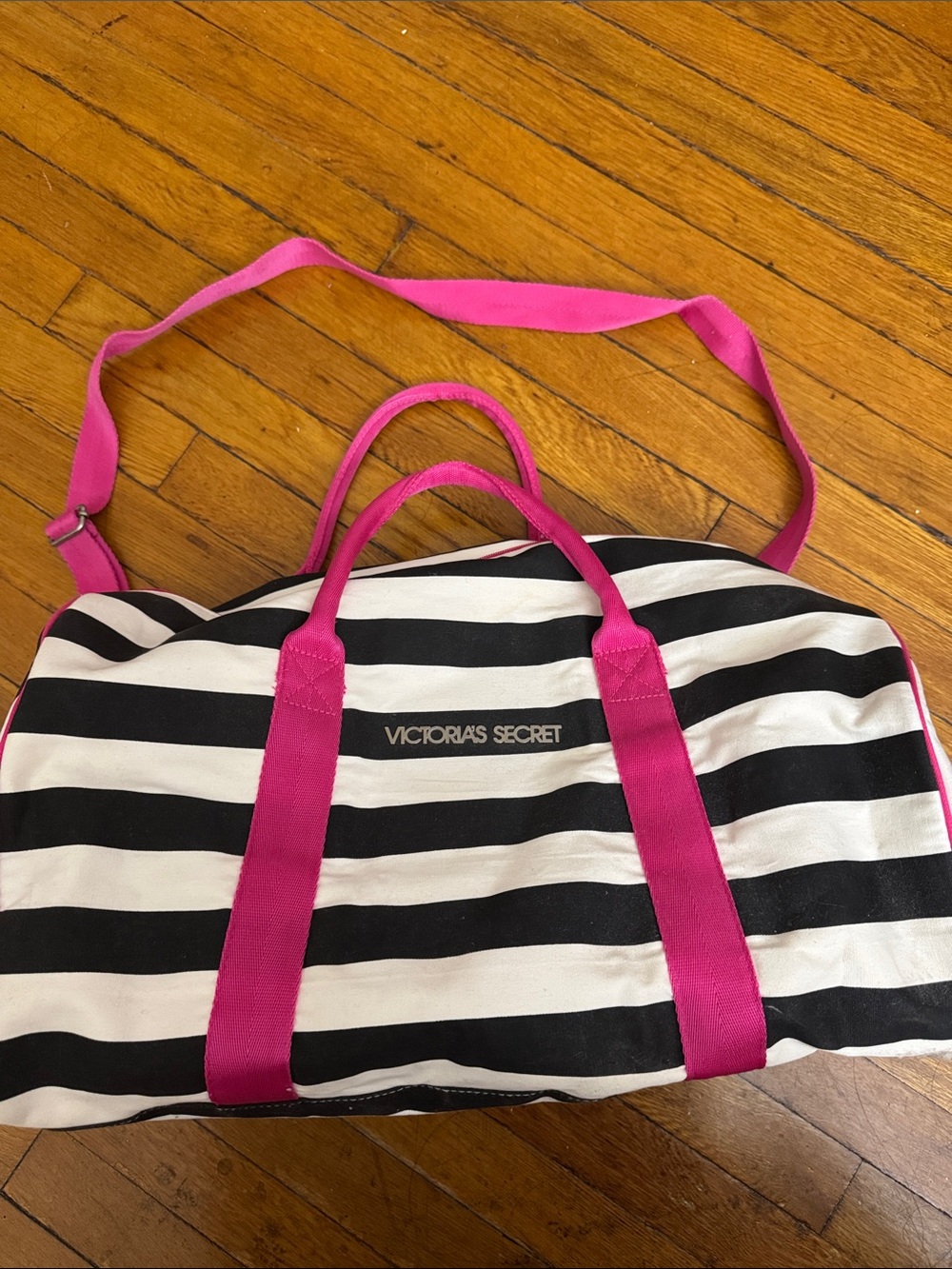 Victoria's Secret Black and White Striped Travel Bag with Bright Pink Accents